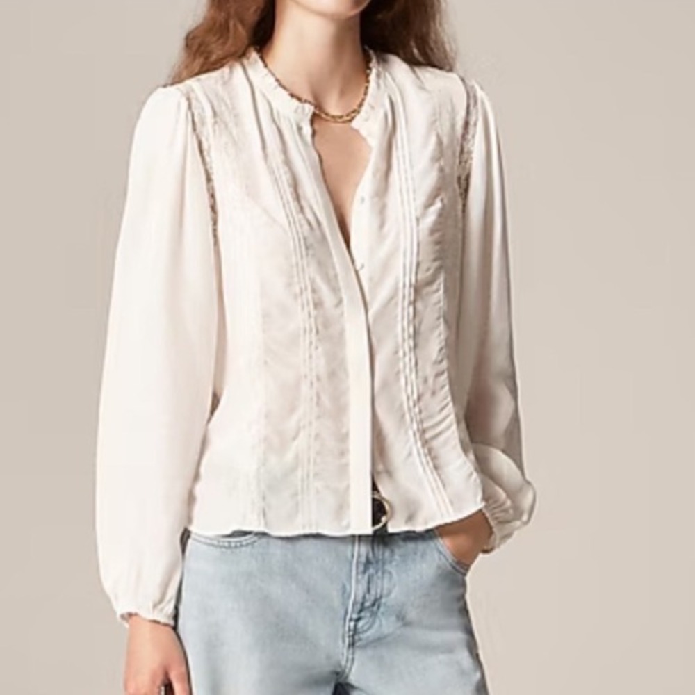 J CREW Lace-trim pintuck top in crepe de‎ chine cream